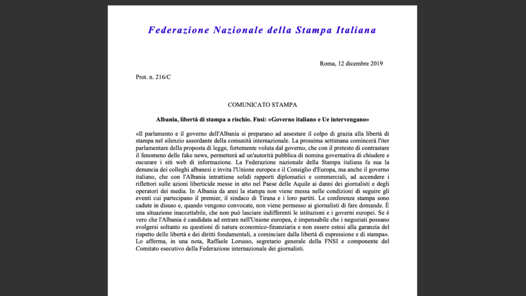 FAKSIMILE E DEKLARATËS së FNSI - Federazione Nazionale Della Stampa Italiana